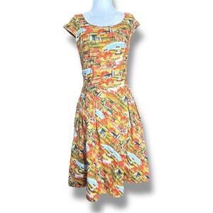 Retrolicious Orange Pumpkin Farm Fall Harvest Dress Autumn Print Cotton Medium